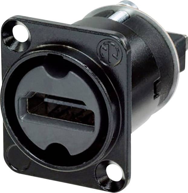 En sort, rund USB-stik med rektangulær tilslutning på en sort monteringsplade.
