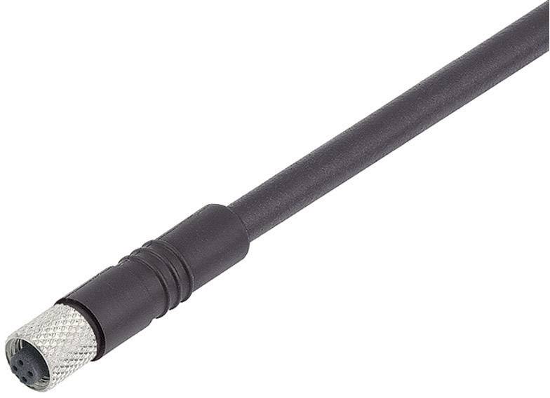 Sort rundkabel med sølvfarvet, riflet stikforbinder i enden. Egnet til elektroniske eller elektriske forbindelser.