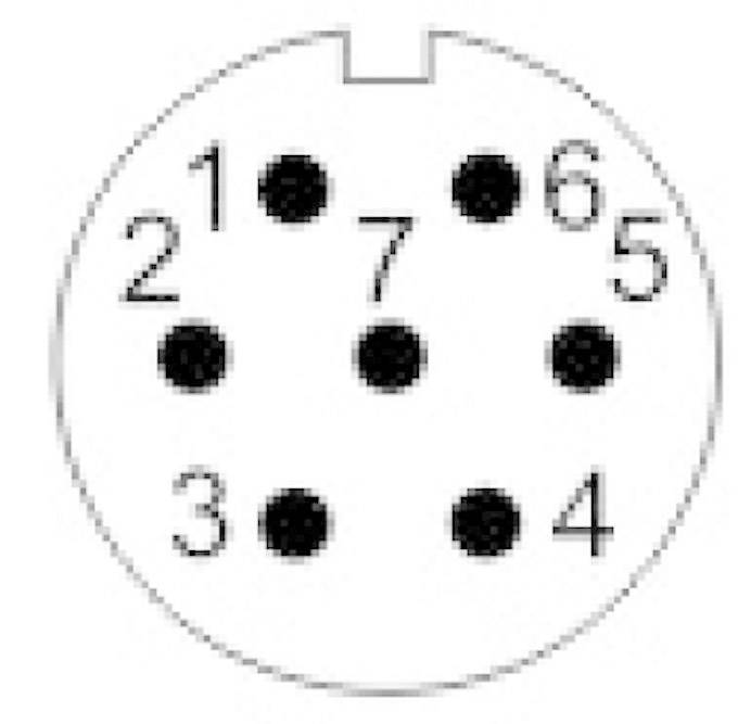 Diagram over en 7-polet stik, nummereret fra 1 til 7, viser tilslutningsarrangementet.
