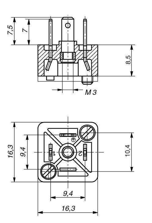 Teknisk tegning af en komponent med dimensioner i millimeter. Viser top- og sidevisning med detaljemål og boringer.