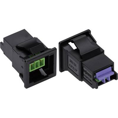 To elektroniske stikforbindere i sort med grønne og lilla tilslutningsklemmer, set fra siden, egnet til tekniske anvendelser.