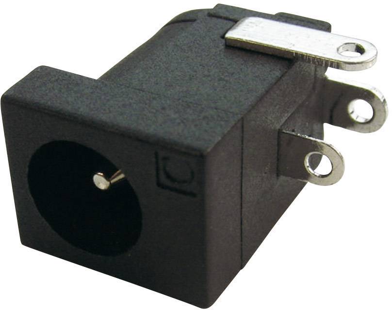 Sort DC-bøsningsadapter med tre metalforbindelser, som bruges til tilslutning til en elektrisk enhed.