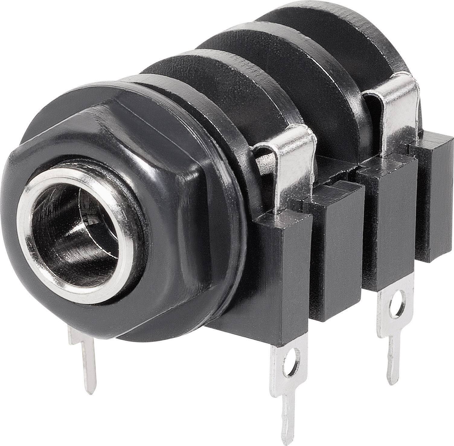 En sort, trepolet 6,35 mm jackstik med metalcontakter, egnet til lydtilslutninger eller elektriske enheder.