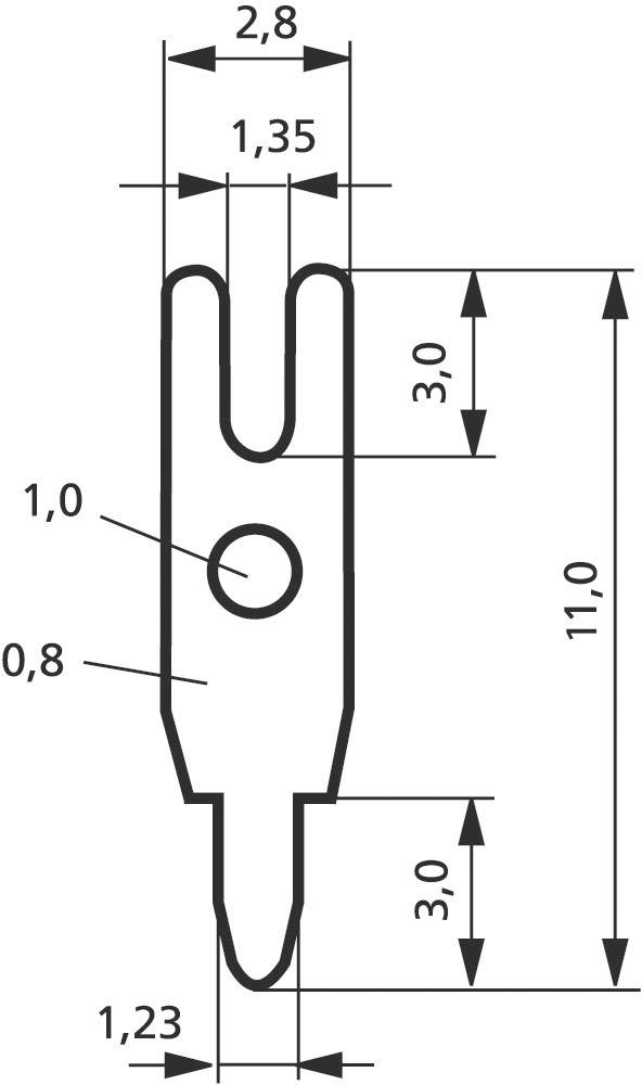 Teknisk tegning af et stik. Mål er angivet: øverst bredde 2,8 mm, skaft 1,35 mm, samlet højde 11 mm, hulsdiameter 1 mm.