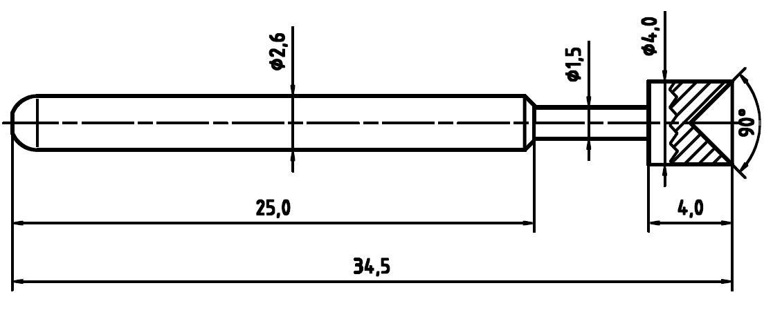 Teknisk tegning af en bolt med dimensioner: Længde 34,5, Hoved 4 mm høj, vinklet 90 grader. Diameter varierende: 2,6 til 4,0 mm.