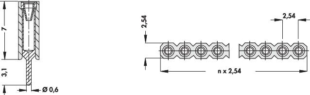 Teknisk tegning af en elektronisk stik med dimensioner. Venstre: Længdesnit; højre: Plantegning med måleangivelser i millimeter.