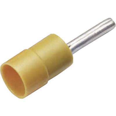 En gul, cylinderformet isoleret stik med en metallisk stift i den ene ende. Egnet til elektriske forbindelser.