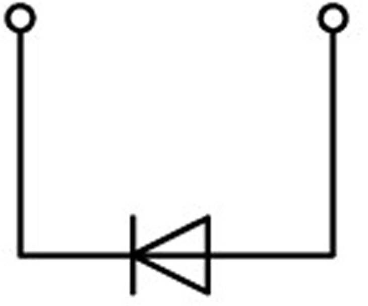Elektrisk symbol for en diode i en strømkreds, hvor anode og katode er markeret. Dioden er forbundet i serie.