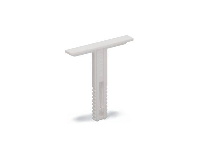 Et T-formet plastikemne med riflet skaft, muligvis et afstandsstykke eller en afstandsholder.