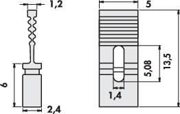 Teknisk tegning af en komponent med mål: Højde 13,5 mm, bredde 2,4 mm. Viser for- og sideview med detaljer.