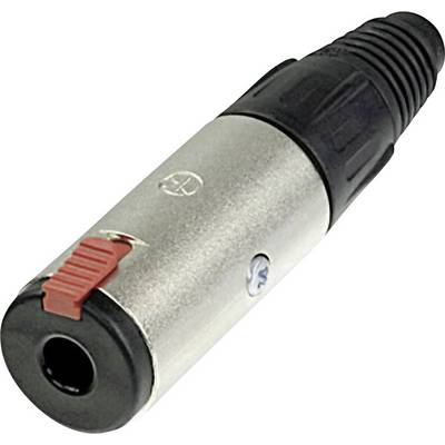 XLR-stikadapter med sølvfarvet korpus, rød kontakt og sort ende, til audioforbindelse mellem enheder.