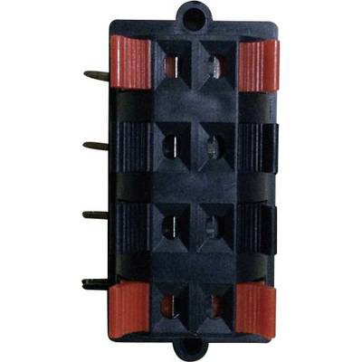 Sort-rødt elektrisk komponent med flere stikforbindelser på siden.