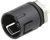 Sort plastcylinder med metalstifter i den ene ende, sandsynligvis en elektrisk komponent eller stik.