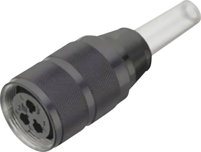 En sort, cylindrisk adapterstik med tre huller i den ene ende og en langagtig, hvid ende.