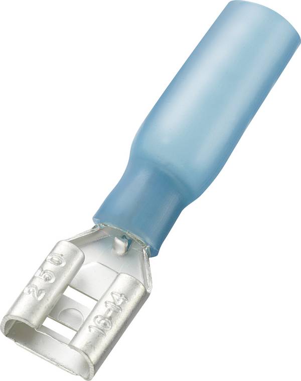 TRU COMPONENTS 738960 Fladstik-kabelsko Med krympeslange Stikbredde: 6.4 mm Stiktykkelse: 0.8 mm 180 ° Delvist isoleret Blå 30 stk