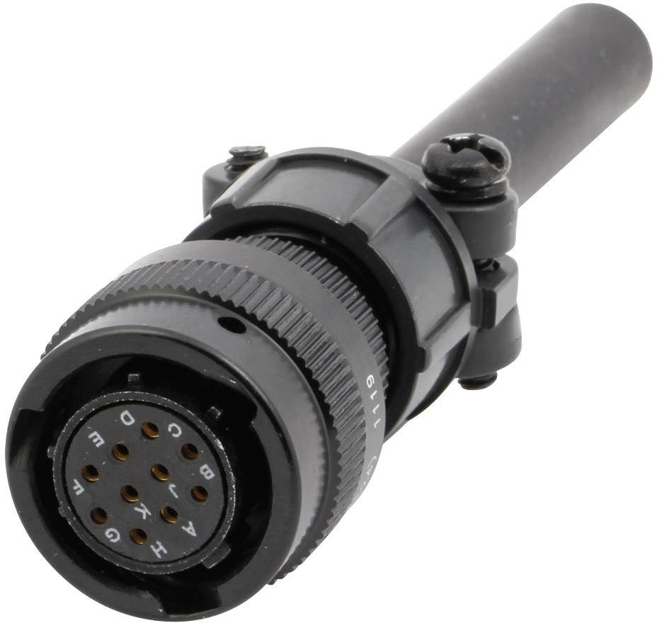 En rund multipol-stik med sort kabinet, flere ben og en fastgørelsesmekanisme, muligvis egnet til industrielle anvendelser.