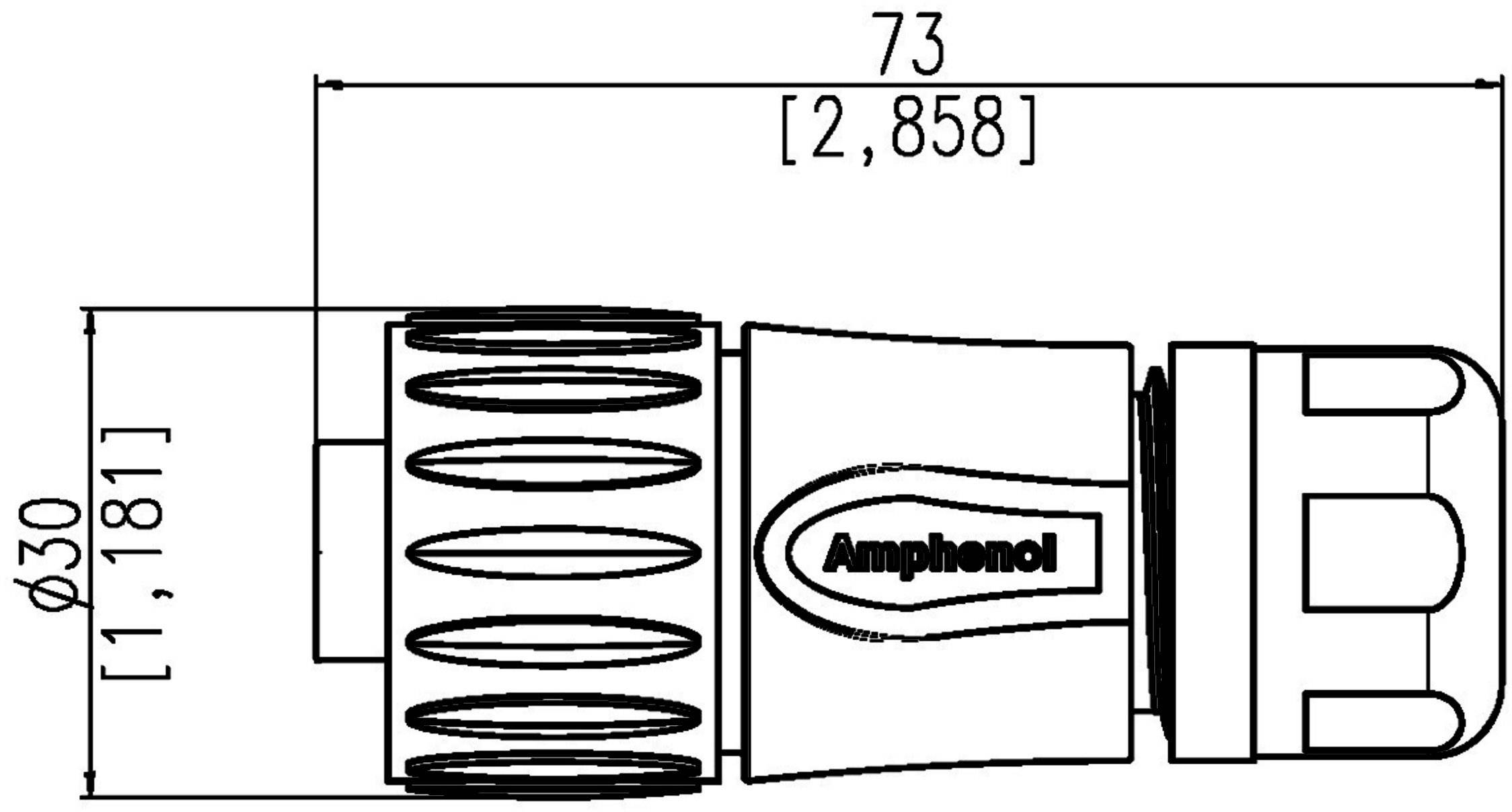 Teknisk tegning af en cylindrisk stik med en længde på 73 mm og en diameter på 30 mm, med 'Amphenol' logo på siden.