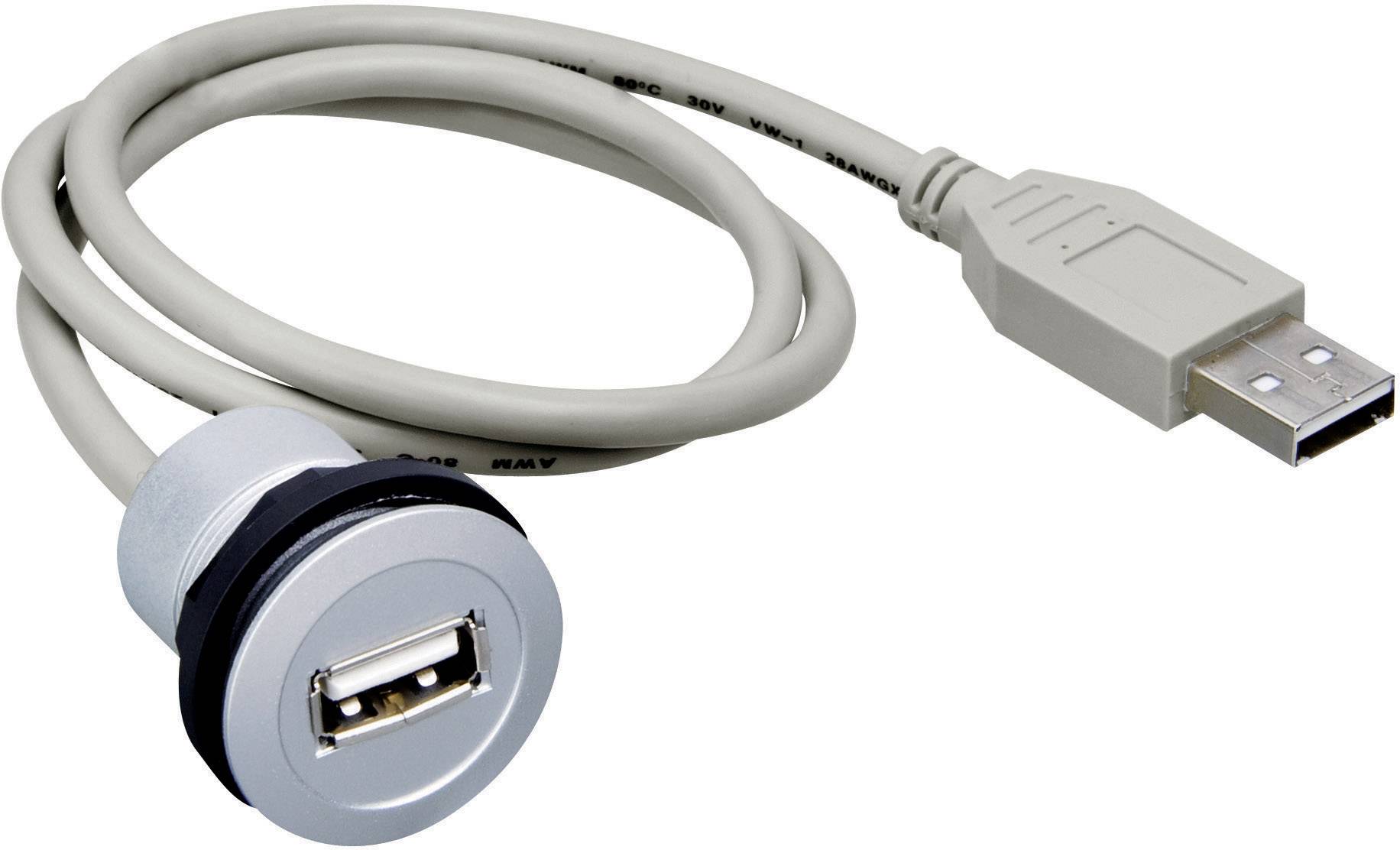 USB-forlængerledning: Venstre et stik til montering, højre et standard USB-stik, grå, egnet til enhedstilslutning.