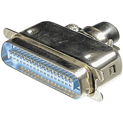 En forkromet computerstik med mange kontaktben, typisk til ældre forbindelser, som f.eks. printere.
