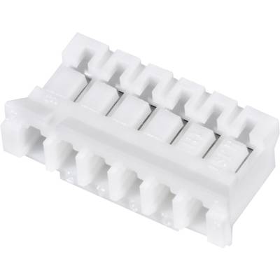 En hvid plastikstik med seks kontakter, bruges til elektriske forbindelser i elektroniske enheder.