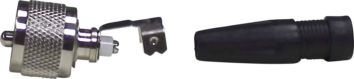 To danskTranslation:<br><br>'To dele af en elektrisk stikforbinder: et metallisk stik og en sort beskyttelseshætte, som bruges til kabelmontering.'