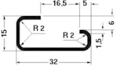 Teknisk tegning i sort-hvid med dimensioner for en U-formet profil. Bredde: 32 mm, Højde: 15 mm, Radier: 2 mm.