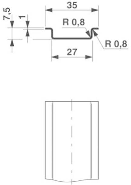 Teknisk tegning af en metalprofilprofil med dimensioner: 35 mm bredde, 27 mm indvendig bredde, 7,5 mm højde, radier R 0,8 mm.