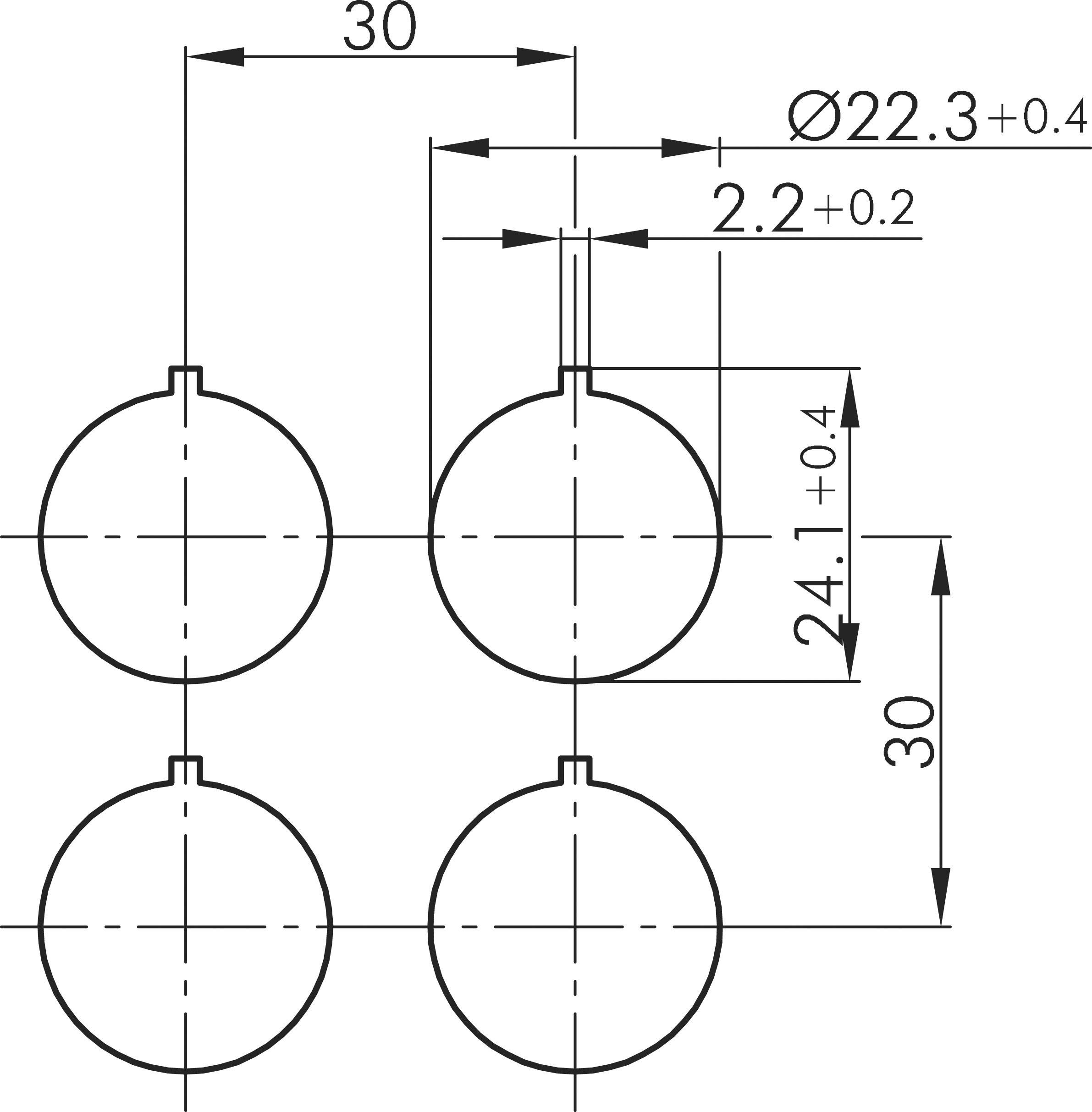 Teknisk tegning med fire cirkler: Diameter 22,3 mm ±0,4; afstand mellem cirkler 30 mm; vertikal dimension 24,1 mm ±0,4.