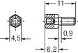 Teknisk tegning af en sekskant-skruebolt. Mål: 4,5 mm, 6,2 mm, 0,9 mm og 11 mm. Sidevisning og topvisning.