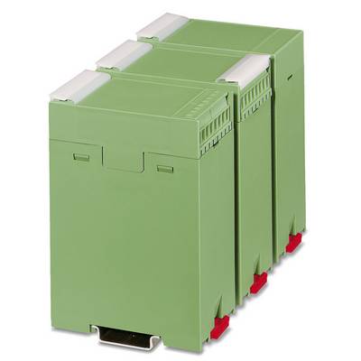 Grønne elektronikmoduler med stikforbindelser til DIN-skinne; egnede til brug i el-tavler eller styringssystemer.