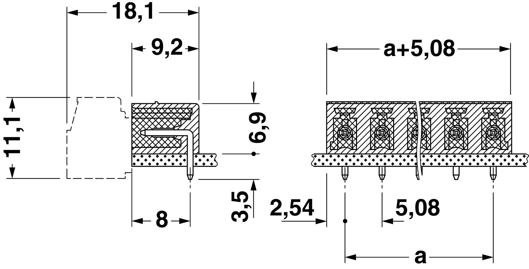 Teknisk tegning af en multipolsk stikforbinder med følgende dimensioner: Højde 11,1 mm, bredde 8 mm, afstand mellem ben 2,54 mm.