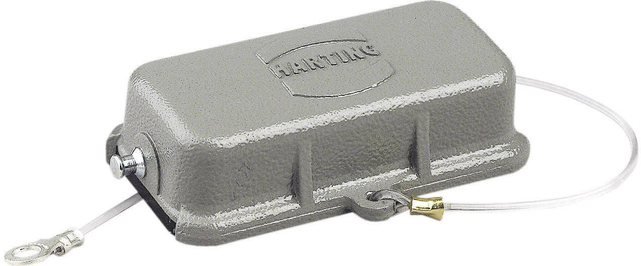 Grå firkantet afdækning med logo og metaltrådsfæstning på den ene side, som kan fungere som beskyttelsesdæksel til industrielle stik.
