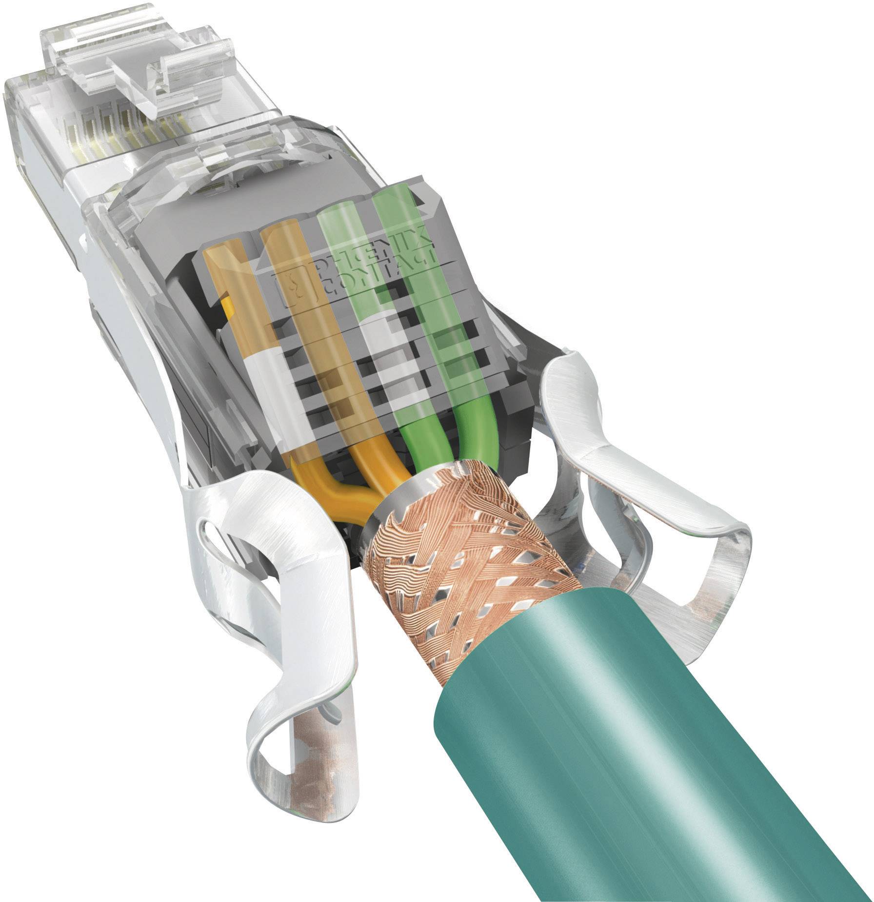 Nærbillede af et Ethernet-kabel med blottede farvede ledninger, der ender i en transparent stik.