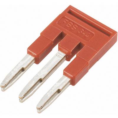 Rødt stikforbindelseselement med tre metalstifter, mærket 'FBS 5-4', bruges til elektrisk forbindelse i klemforbindelser.