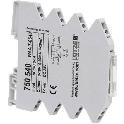 WAA 7-0540-modul fra Lutze, grå kabinetfarve. Indgang: AC/DC 0-1A, udgang: 0-10V, 0-20mA, 4-20mA, effekt: DC 24V.