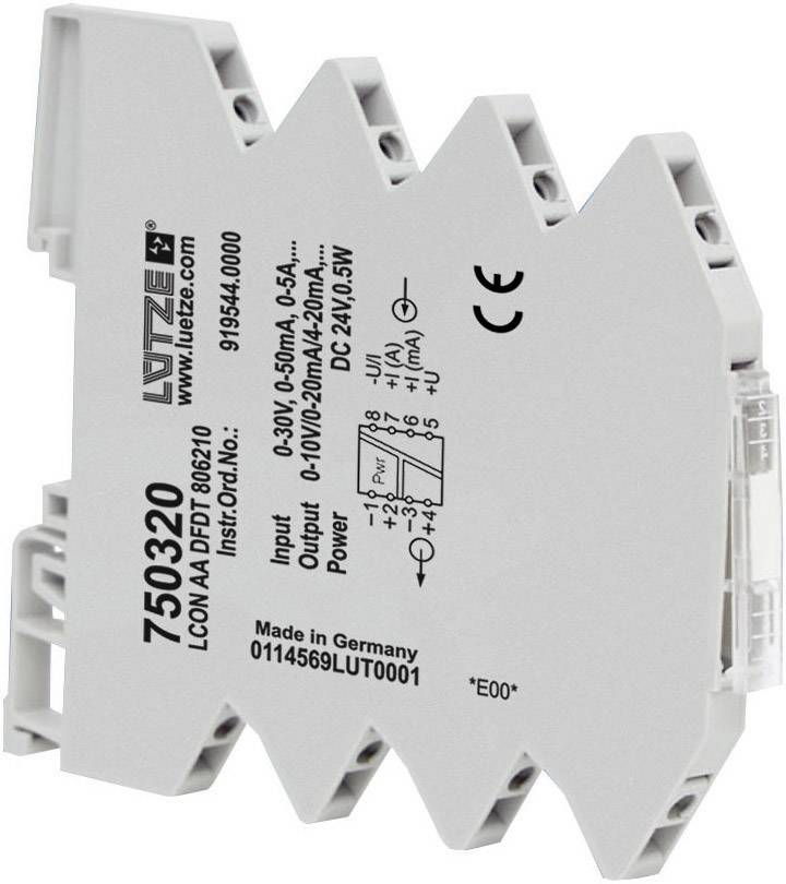 En enhedsspecifikation for et elektronisk modul med påtrykt '750320', tekniske specifikationer og 'Made in Germany' angivelse.