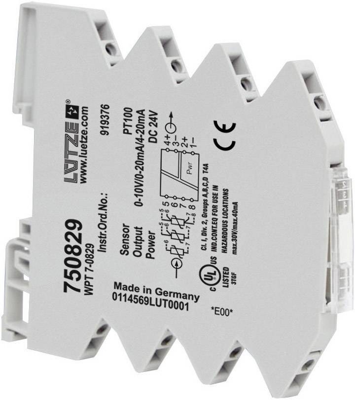 Grå elektronikmodul med påskriften 'Lutze' og modelnummer 750829, som er egnet til sensorer med udgange fra 0-10V til 4-20mA.