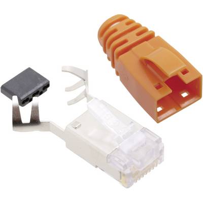 En orange netværksstik, en metalclips og et sort dæksel ligger ved siden af hinanden.