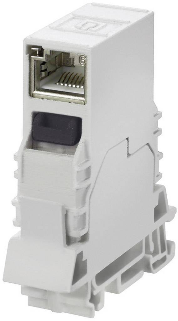 Et hvidt, modulært monteret Ethernet-modul med RJ45-stik, egnet til DIN-skinneinstallation i et kontrolskab.