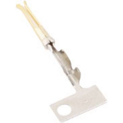 Metallisk kontaktstift med rektangulær base og hul, med to beige kabler tilsluttet. Bruges i elektroniske applikationer.