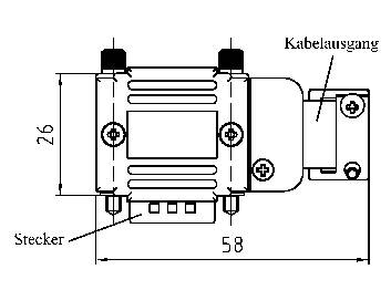 Teknisk tegning af et stik med følgende dimensioner: Højde 26 mm, bredde 58 mm. Kabeludgang øverst til højre. Synlige skruer.