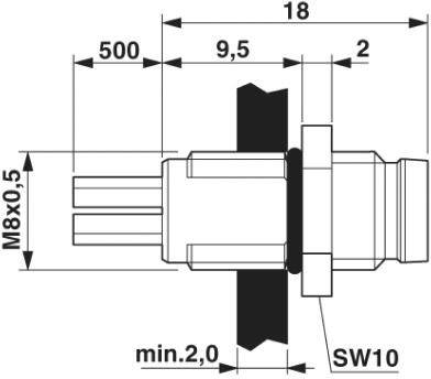 Teknisk tegning af en komponent med mål: M8x0,5, længde 500, 18, 9,5 og SW10. Viser gevind, tætninger og tilslutningsdimensioner.