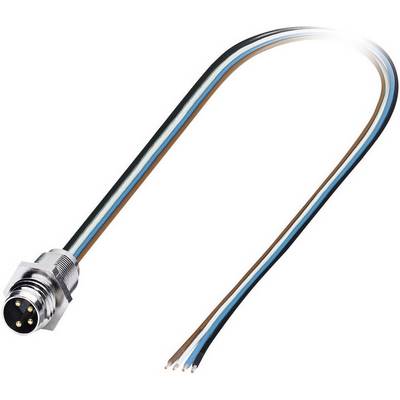 Et firelederkabel med M8-stik på den ene side. Lederne er brun, hvid, blå og sort. Stikket er metallisk.