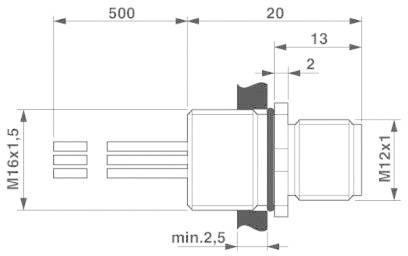 Teknisk tegning af en cylindrisk stikforbinder. Mål i millimeter: Samlet længde 500, gevind M16x1,5 og M12x1.
