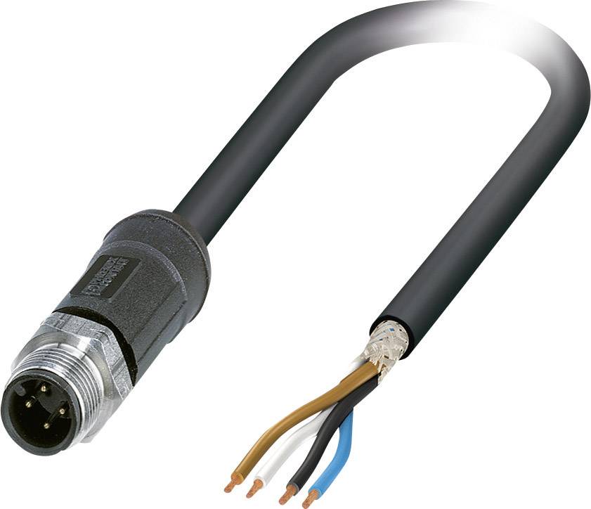 Et sort kabel med en metalstik til højre i billedet, med afisolerede ender i farverne hvid, brun, blå og sort til venstre.