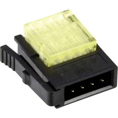 En sort 4-polet Molex-stik med gul sikringsindsats, set fra siden.
