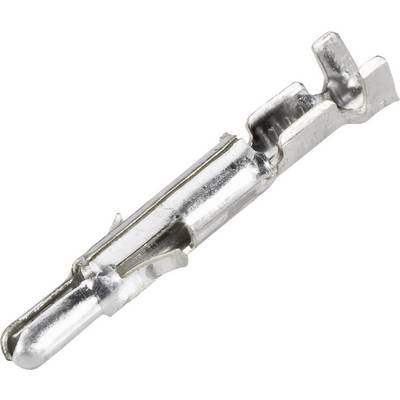 Et enkelt metalstift-kontaktstykke, sølvfarvet og skinnende, ligger let skråt på en hvid baggrund.