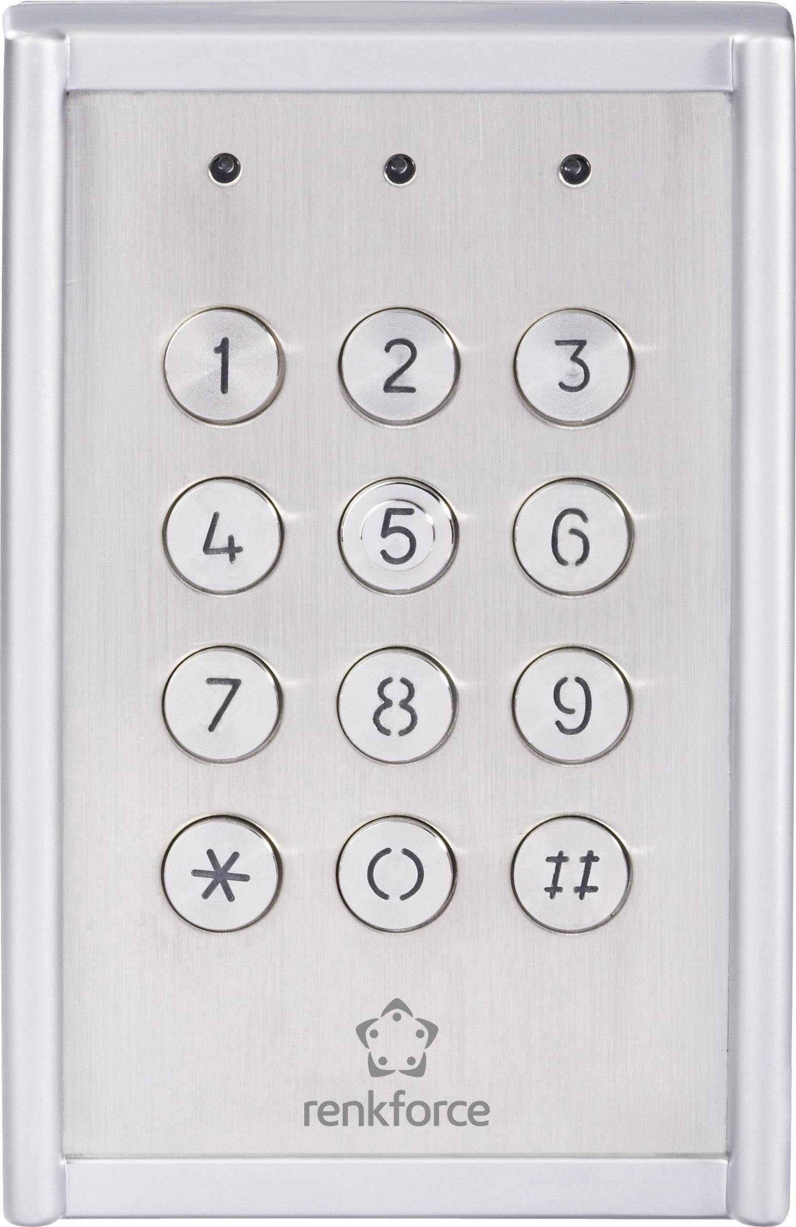 Et sølvfarvet, rektangulært tastatur med tallene 1 til 9, 0, en stjerne (*) og en firkant (#). Foroven tre små lys.
