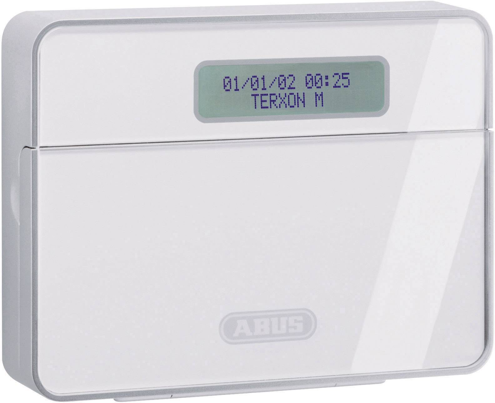 Elektronisk kontrolenhed til et alarmsystem med displayvisning '01/01/02 00:25 TERXON M', mærket 'ABUS' forneden.