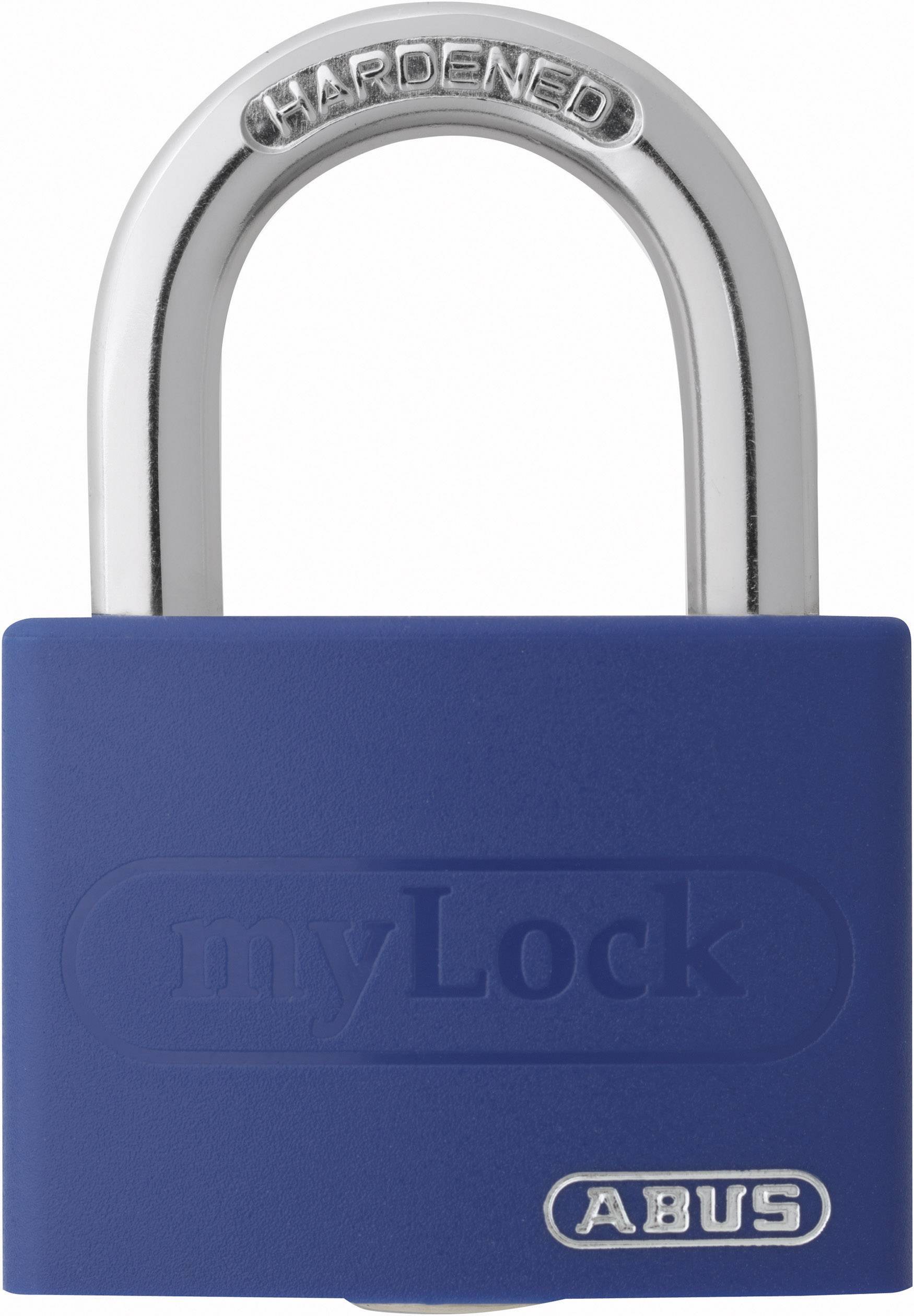 En blå hængelås med sølvfarvet bøjle. På låsen står der 'myLock' og 'ABUS'.
